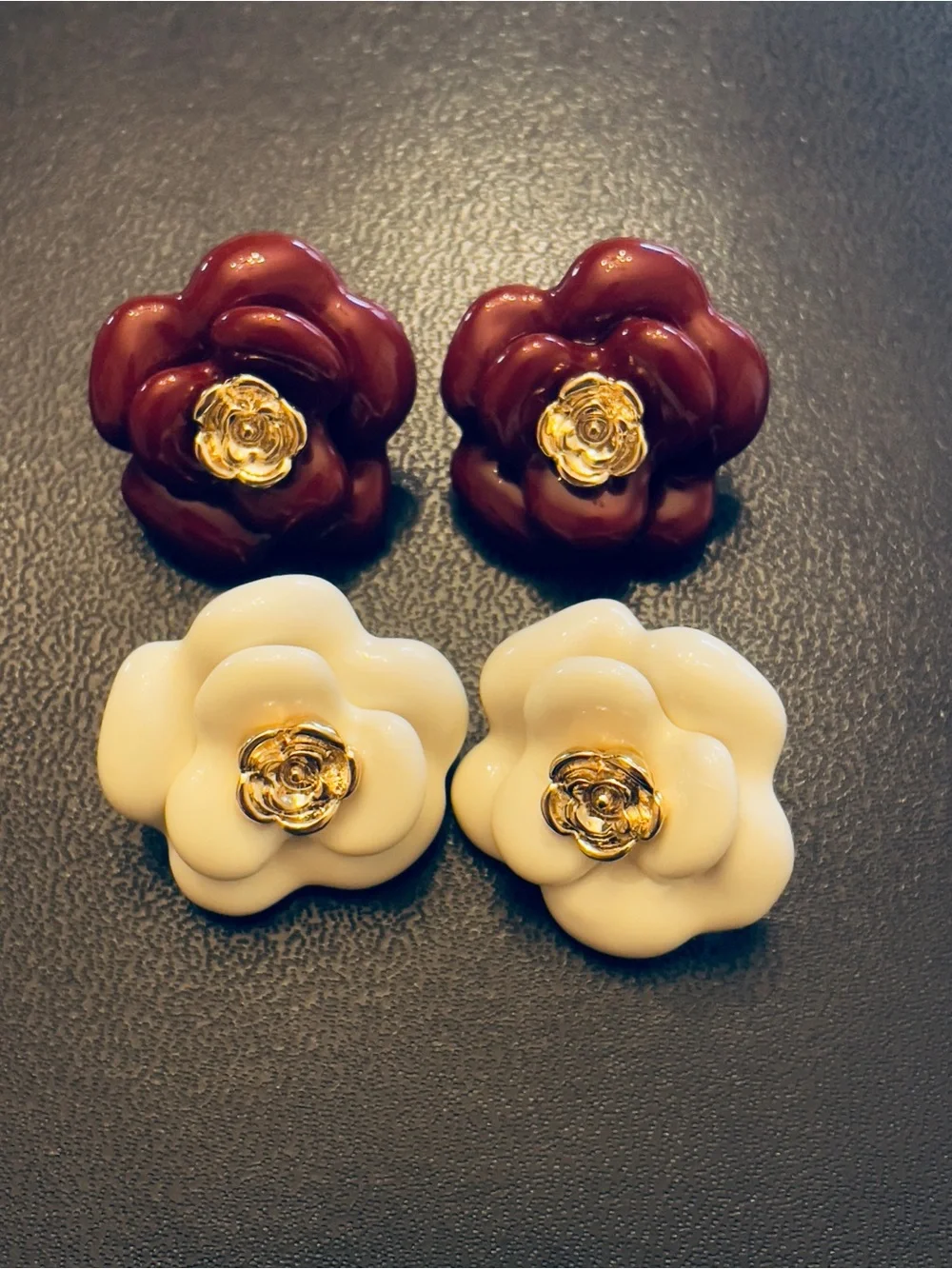 Camellia shape Earrings in Burgundy and Off White with Gold Accent